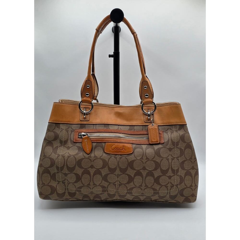 COACH Signature Stripe Gallery Tote Brown Jacquard Leather Trim Shoulder F15707